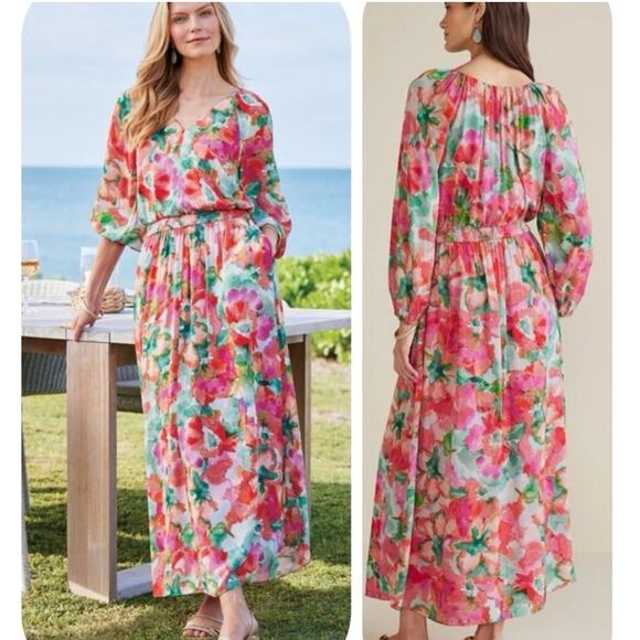 SOFT SURROUNDINGS Dress Medium Evalina Tropical Floral Smocked Waist Lined NWT - Picture 1 of 16